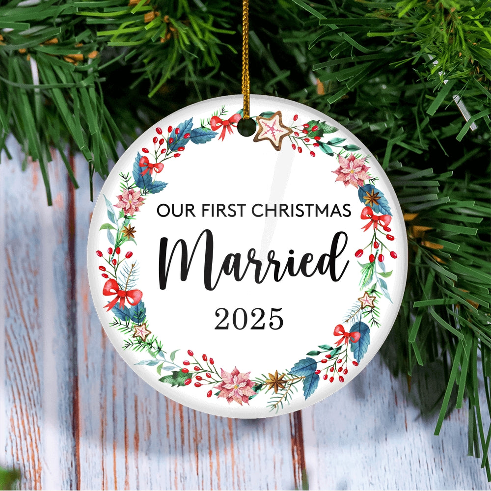Our First Christmas Married Mr and Mrs 2025 For Wedding Newlywed Couple (19) 2025 Christmas Tree Ornament | siriusteestore