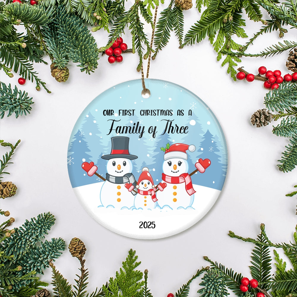 Our First Christmas as a Family of Three 2024 Ornament Snowman Keepsake Gift for New Baby Parents Christmas Tree Ornament | siriusteestore
