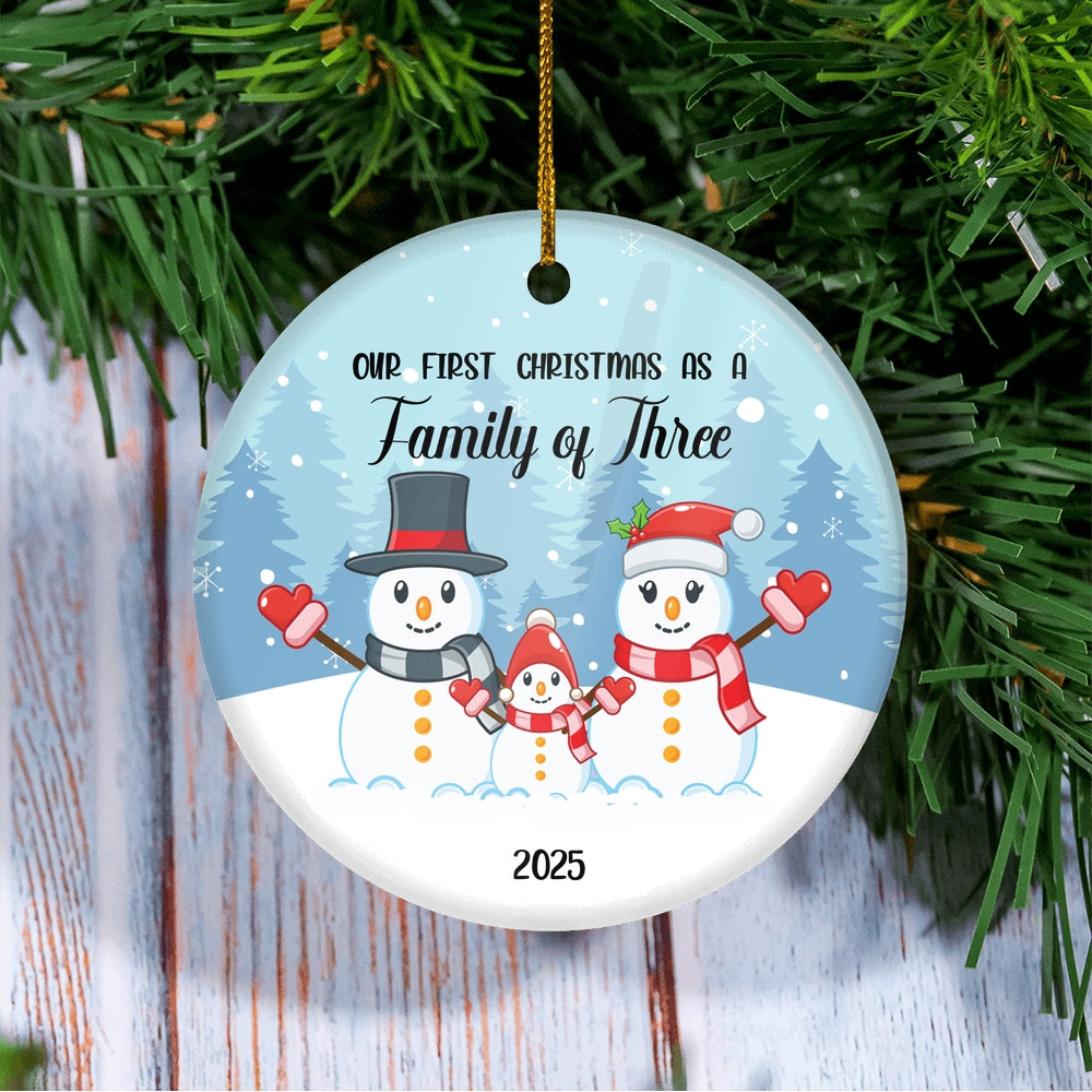 Our First Christmas as a Family of Three 2024 Ornament Snowman Keepsake Gift for New Baby Parents Christmas Tree Ornament | siriusteestore
