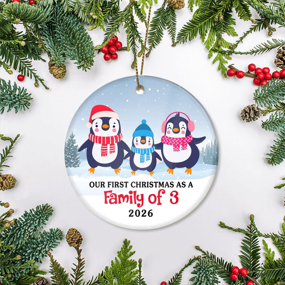 Our First Christmas as a Family of Three Ornament 2025 1st Christmas as Mommy and Daddy New Baby Parents Penguin Gift Ornament | siriusteestore