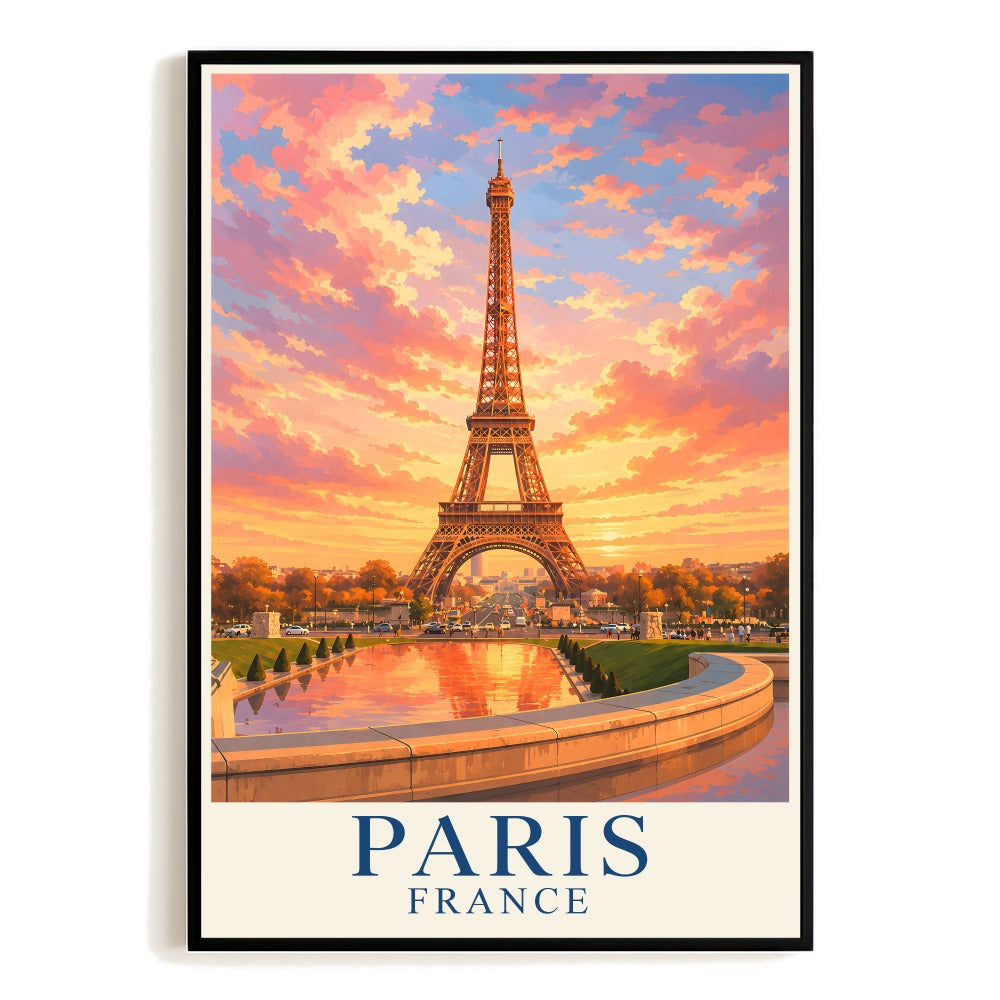 Paris France Eiffel Tower Vintage Travel Poster Souvenir Sunset Skyline Wall Art Landscape Print Painting Ideal For Home Living Room Office Bedroom Decor Unframed | siriusteestore