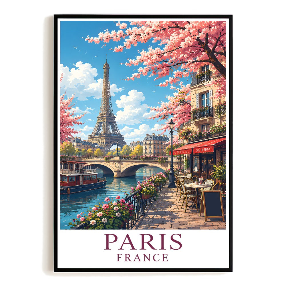 Paris France Travel Poster Eiffel Tower Cherry Blossom Landscape Wall Art Vintage Style Print Painting For Family Home Living Room Office Bedroom Decor Unframed | siriusteestore