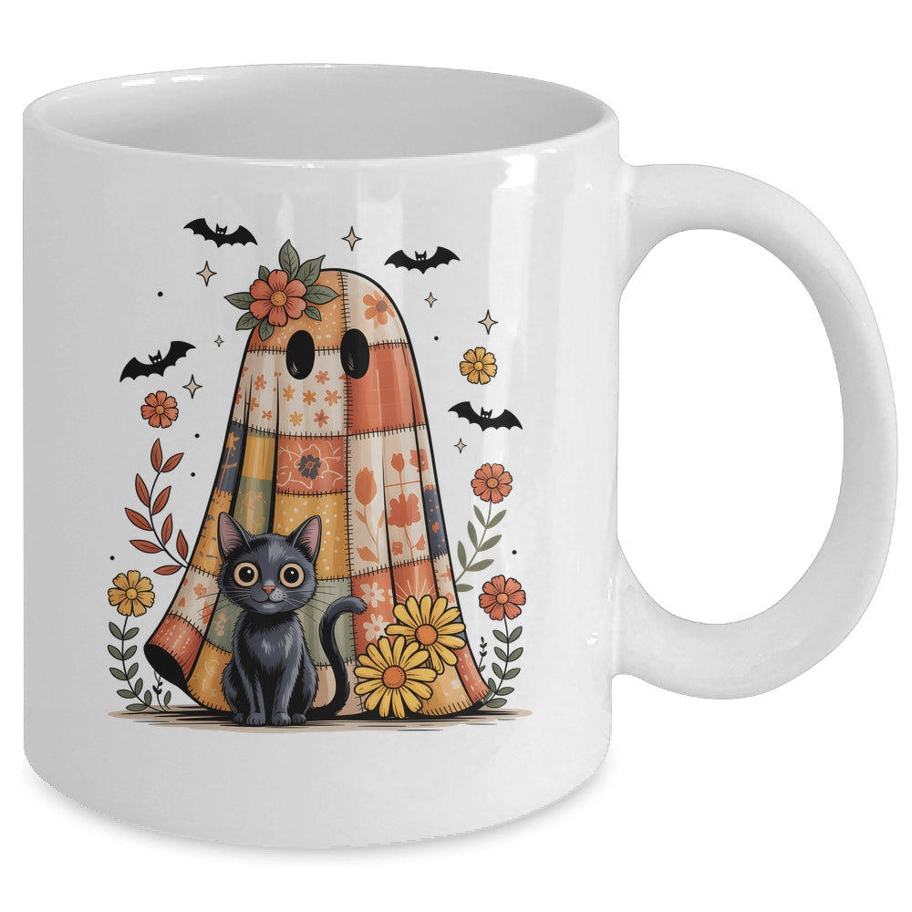 Patchwork Halloween Ghost And Cat Png Retro Spooky Floral Mug | siriusteestore
