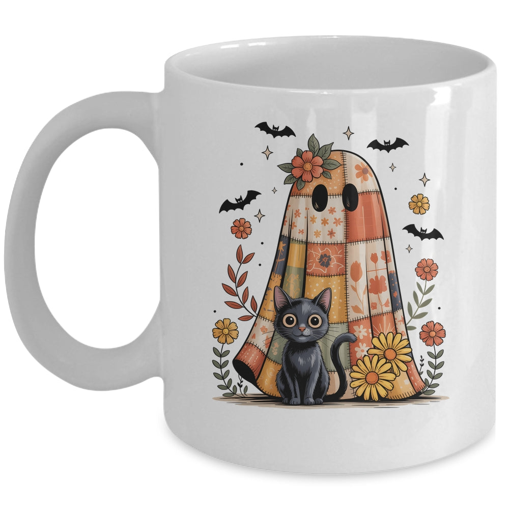 Patchwork Halloween Ghost And Cat Png Retro Spooky Floral Mug | siriusteestore
