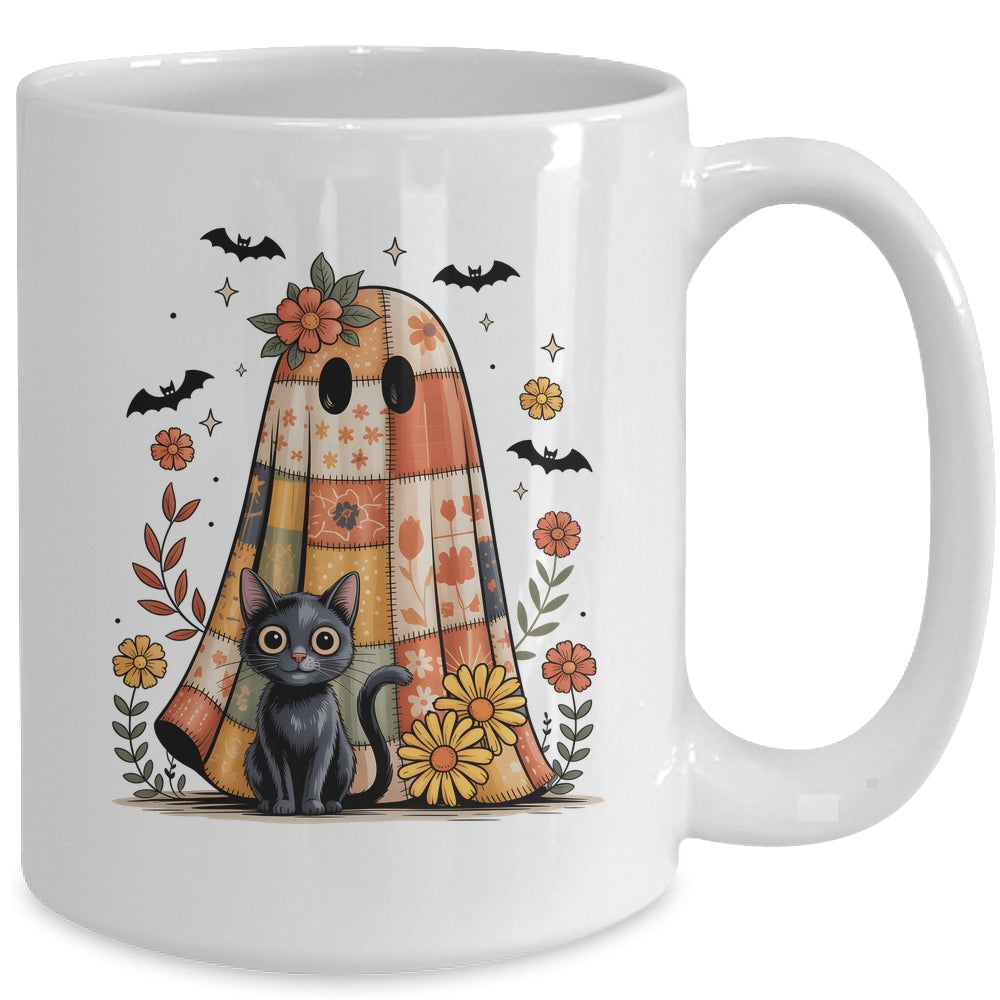 Patchwork Halloween Ghost And Cat Png Retro Spooky Floral Mug | siriusteestore