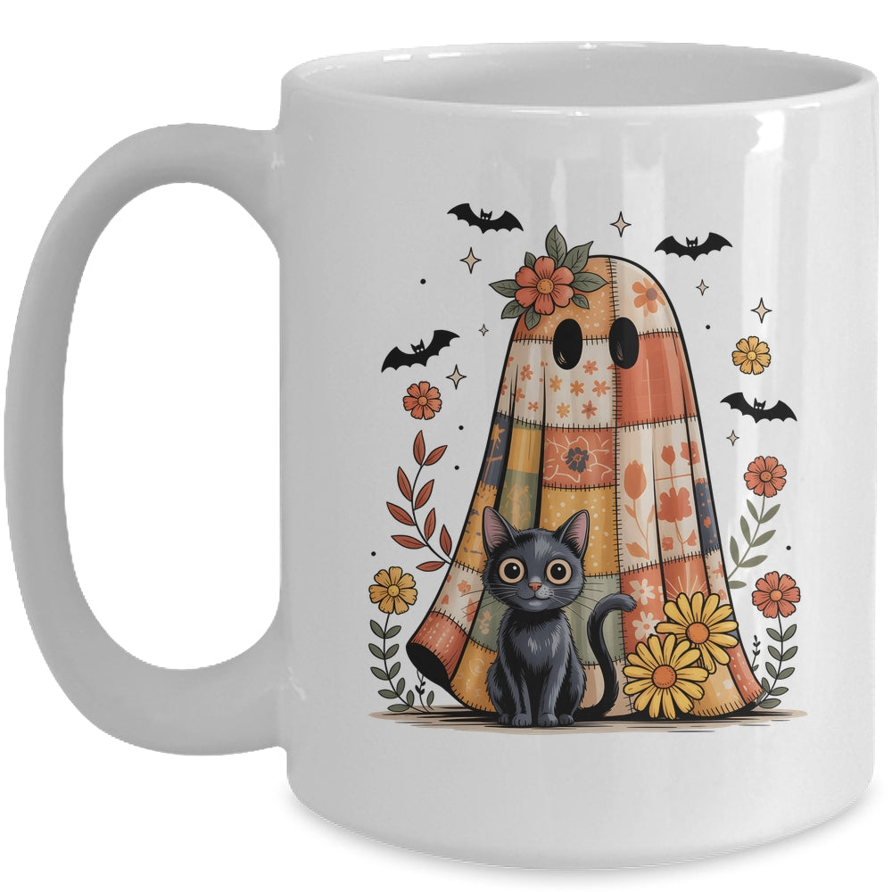 Patchwork Halloween Ghost And Cat Png Retro Spooky Floral Mug | siriusteestore