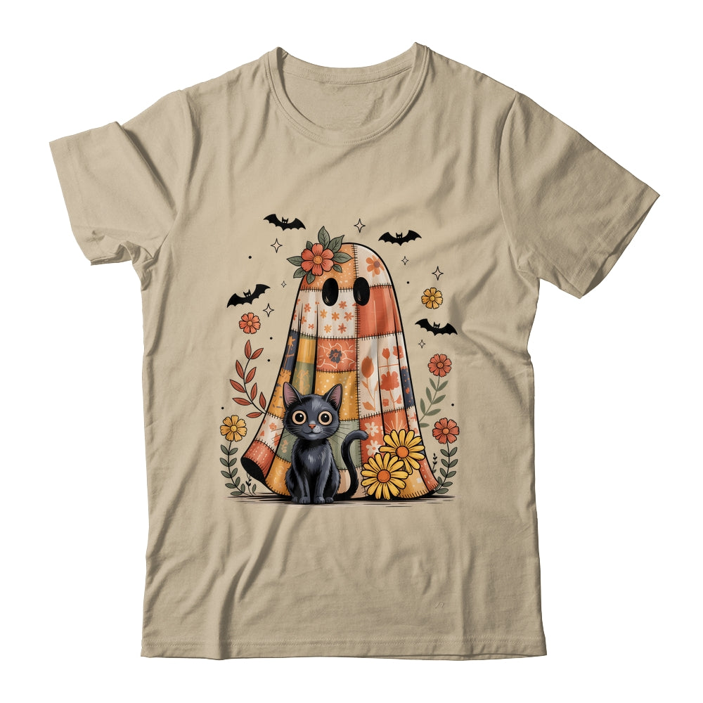 Patchwork Halloween Ghost And Cat Png Retro Spooky Floral Shirt & Sweatshirt | siriusteestore