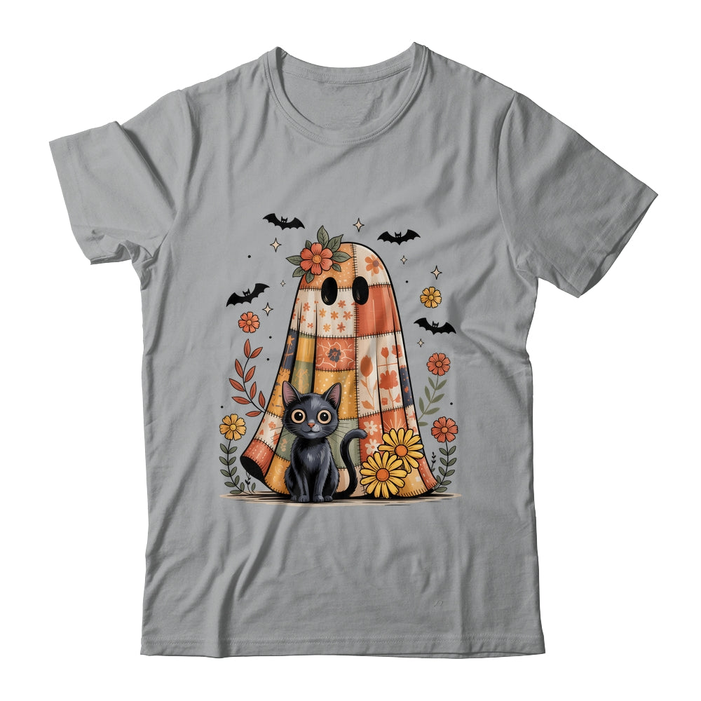 Patchwork Halloween Ghost And Cat Png Retro Spooky Floral Shirt & Sweatshirt | siriusteestore