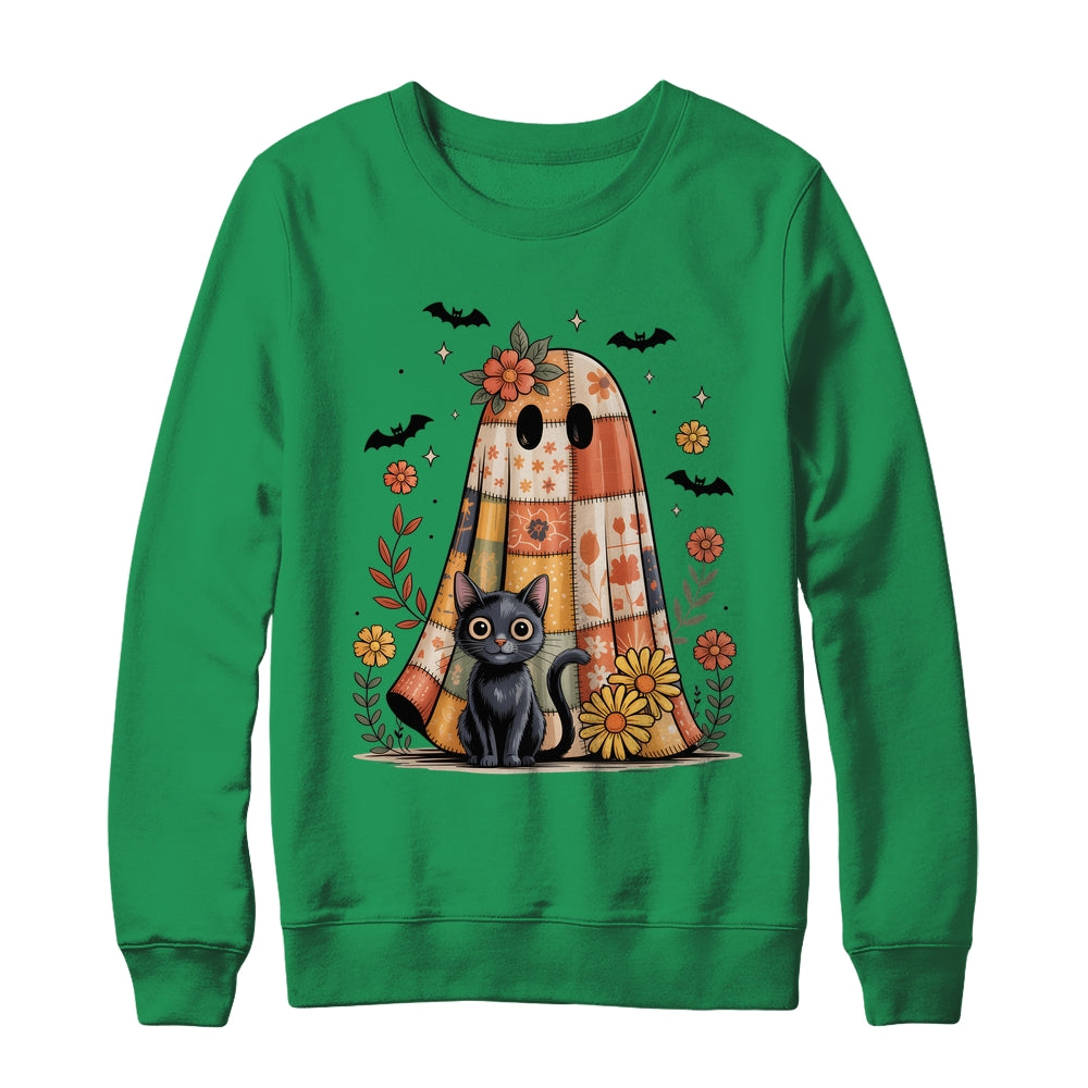 Patchwork Halloween Ghost And Cat Png Retro Spooky Floral Shirt & Sweatshirt | siriusteestore
