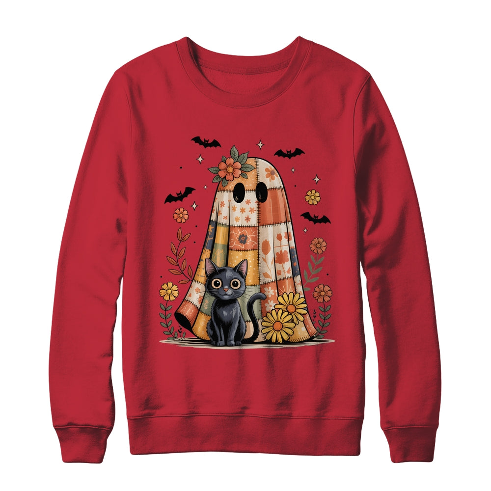 Patchwork Halloween Ghost And Cat Png Retro Spooky Floral Shirt & Sweatshirt | siriusteestore