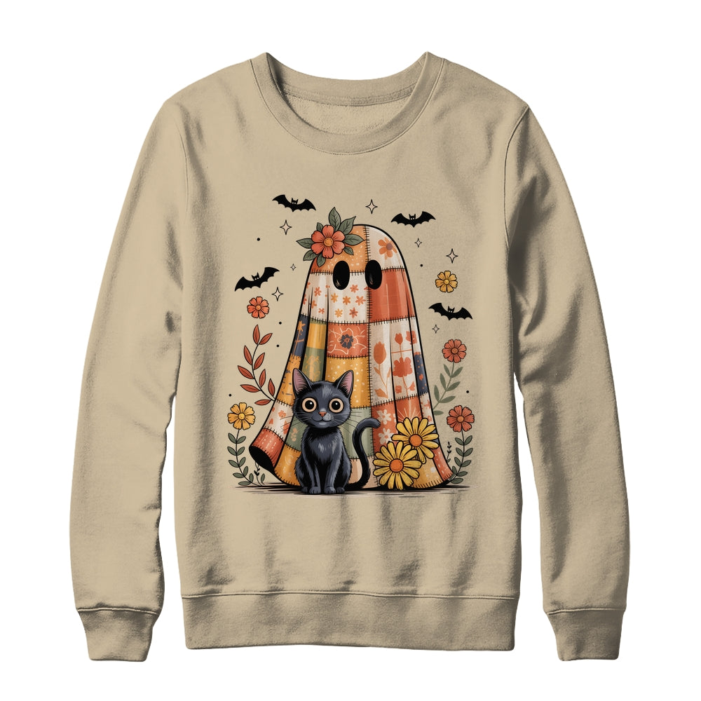 Patchwork Halloween Ghost And Cat Png Retro Spooky Floral Shirt & Sweatshirt | siriusteestore
