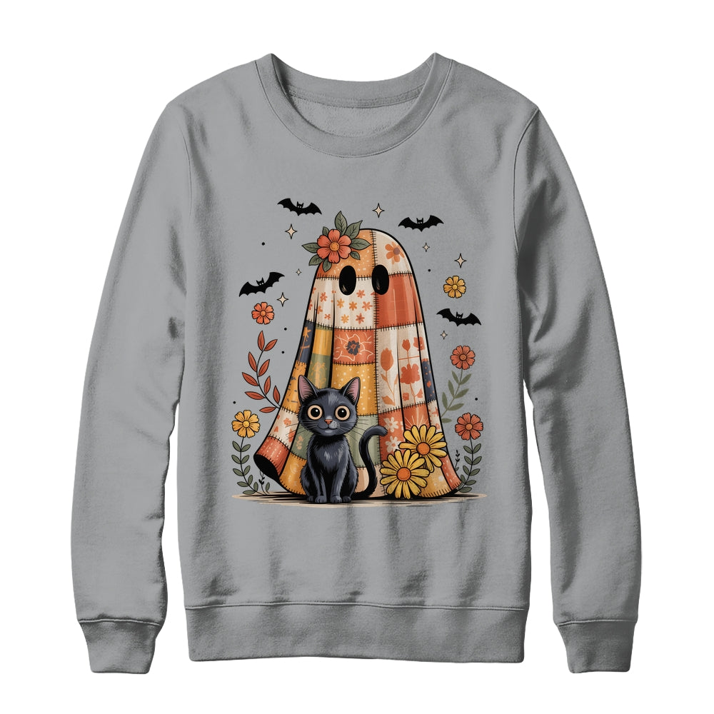 Patchwork Halloween Ghost And Cat Png Retro Spooky Floral Shirt & Sweatshirt | siriusteestore