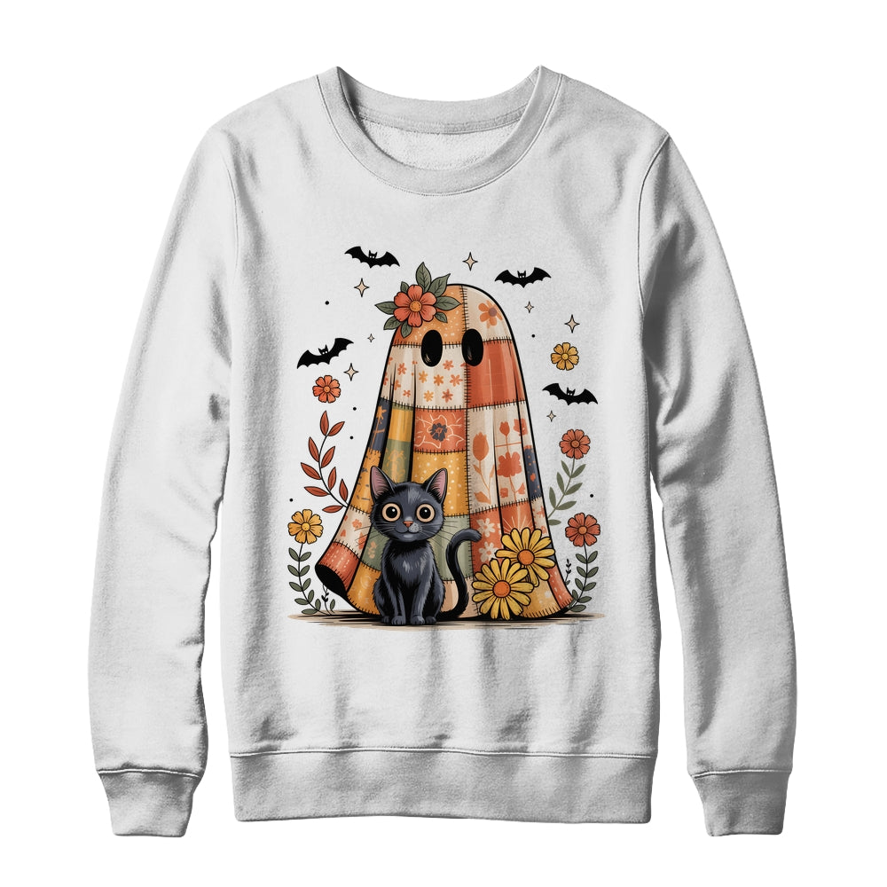 Patchwork Halloween Ghost And Cat Png Retro Spooky Floral Shirt & Sweatshirt | siriusteestore
