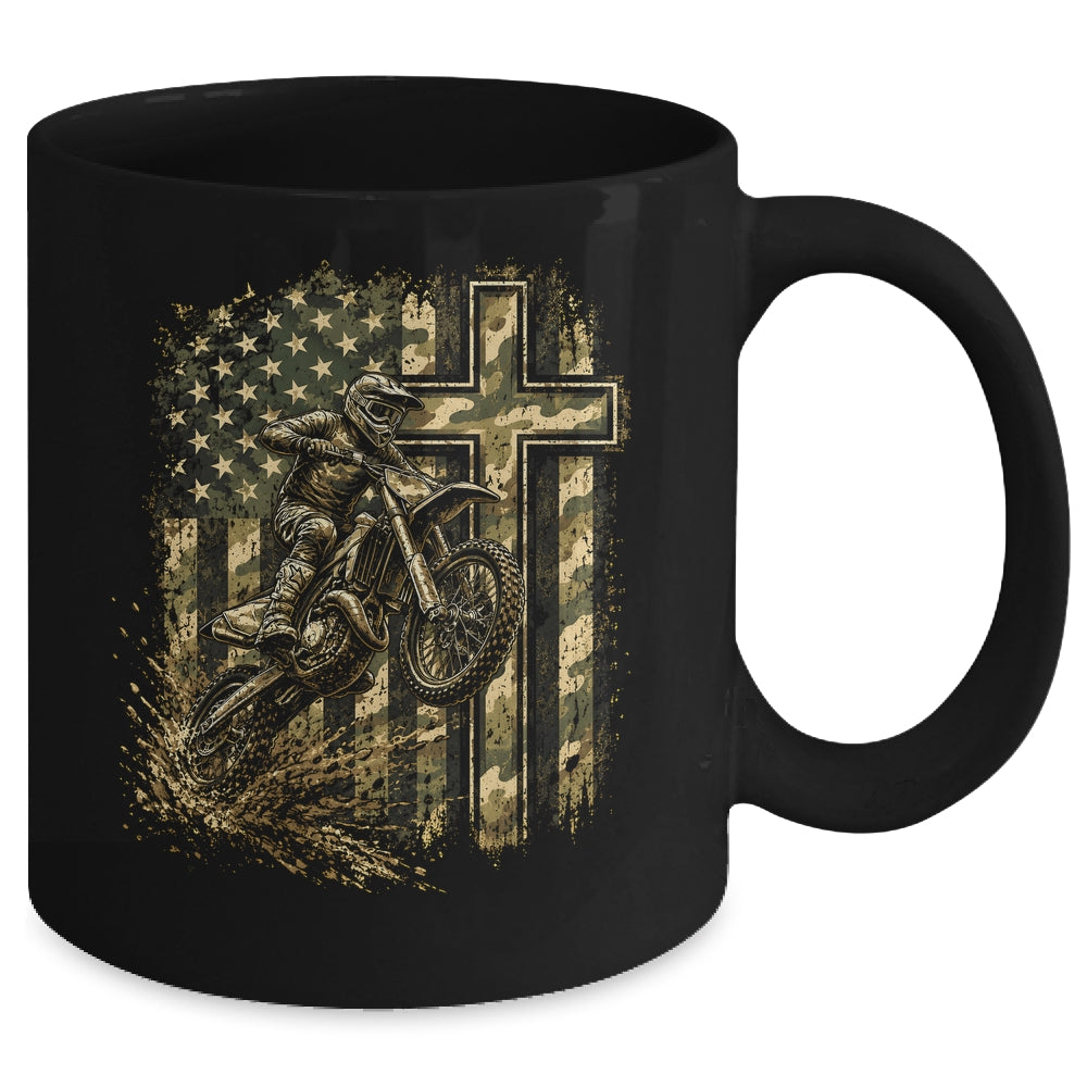 Patriotic Dirt Bike Camo American Flag Christian Motocross Mug | siriusteestore