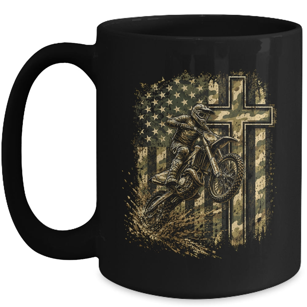 Patriotic Dirt Bike Camo American Flag Christian Motocross Mug | siriusteestore
