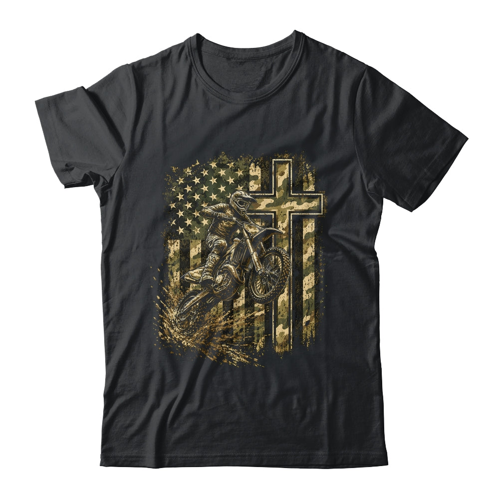 Patriotic Dirt Bike Camo American Flag Christian Motocross Shirt & Hoodie | siriusteestore