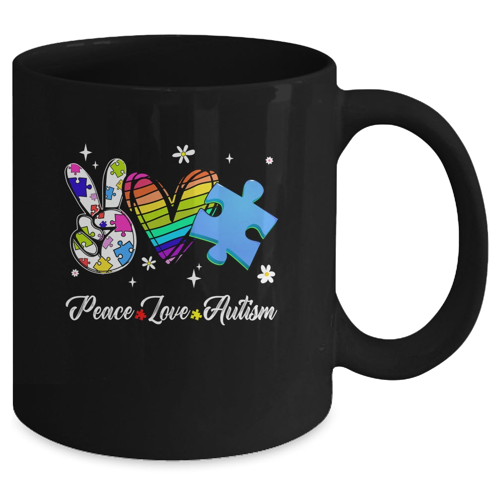Peace Love Autism Puzzle In April We Wear Blue For Autism Mug | siriusteestore