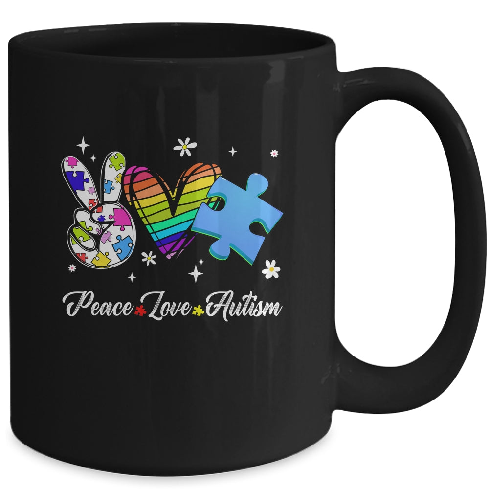 Peace Love Autism Puzzle In April We Wear Blue For Autism Mug | siriusteestore