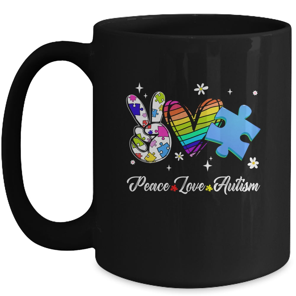 Peace Love Autism Puzzle In April We Wear Blue For Autism Mug | siriusteestore