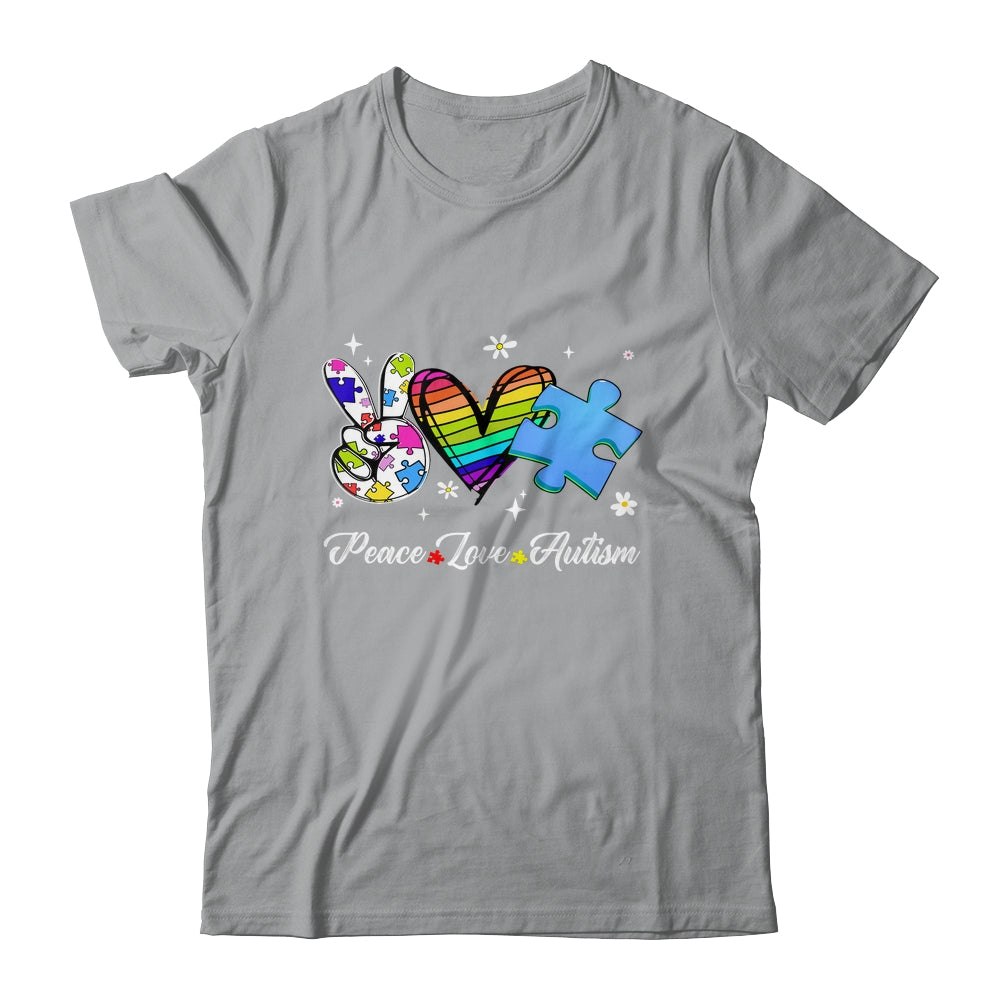 Peace Love Autism Puzzle In April We Wear Blue For Autism Shirt & Hoodie | siriusteestore
