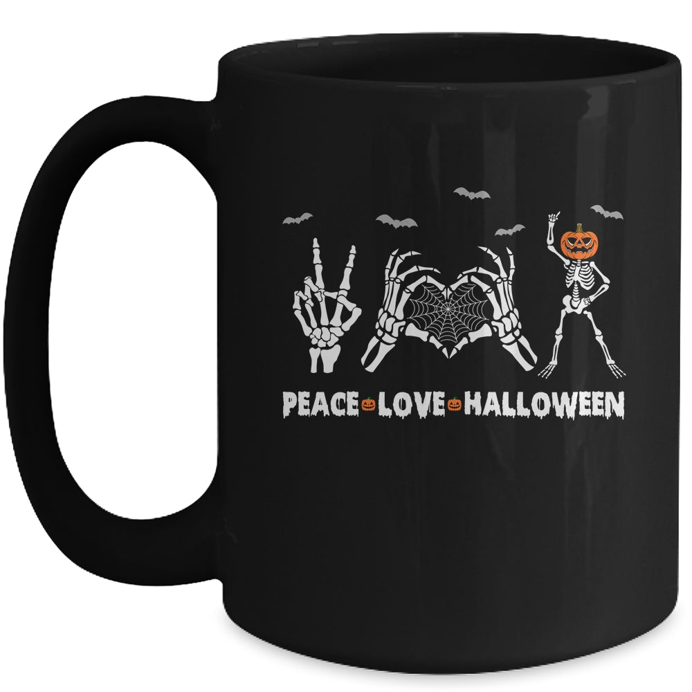 Peace Love Halloween Happy Halloween Pumpkin Skeleton Hands Mug | siriusteestore