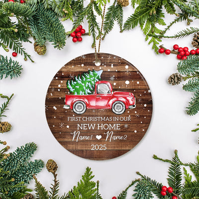 Personalized 2025 First Christmas in Our New Home Ornament Red Car Mr & Mrs Newlywed Couples Romantic Customized Christmas Tree Ornament | siriusteestore