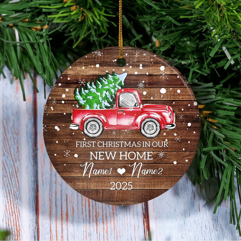 Personalized 2025 First Christmas in Our New Home Ornament Red Car Mr & Mrs Newlywed Couples Romantic Customized Christmas Tree Ornament | siriusteestore