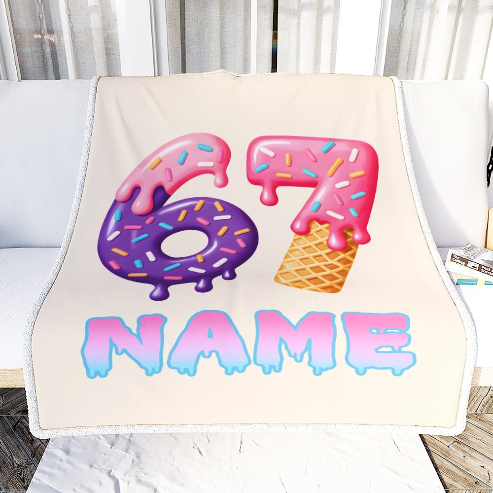Personalized 67 Meme Donut Birthday Blanket Custom Name 6 7 Slang Funny Kids Six Seven Sprinkles Ice Cream Drip Design Children Gift Christmas Fleece Blanket | siriusteestore