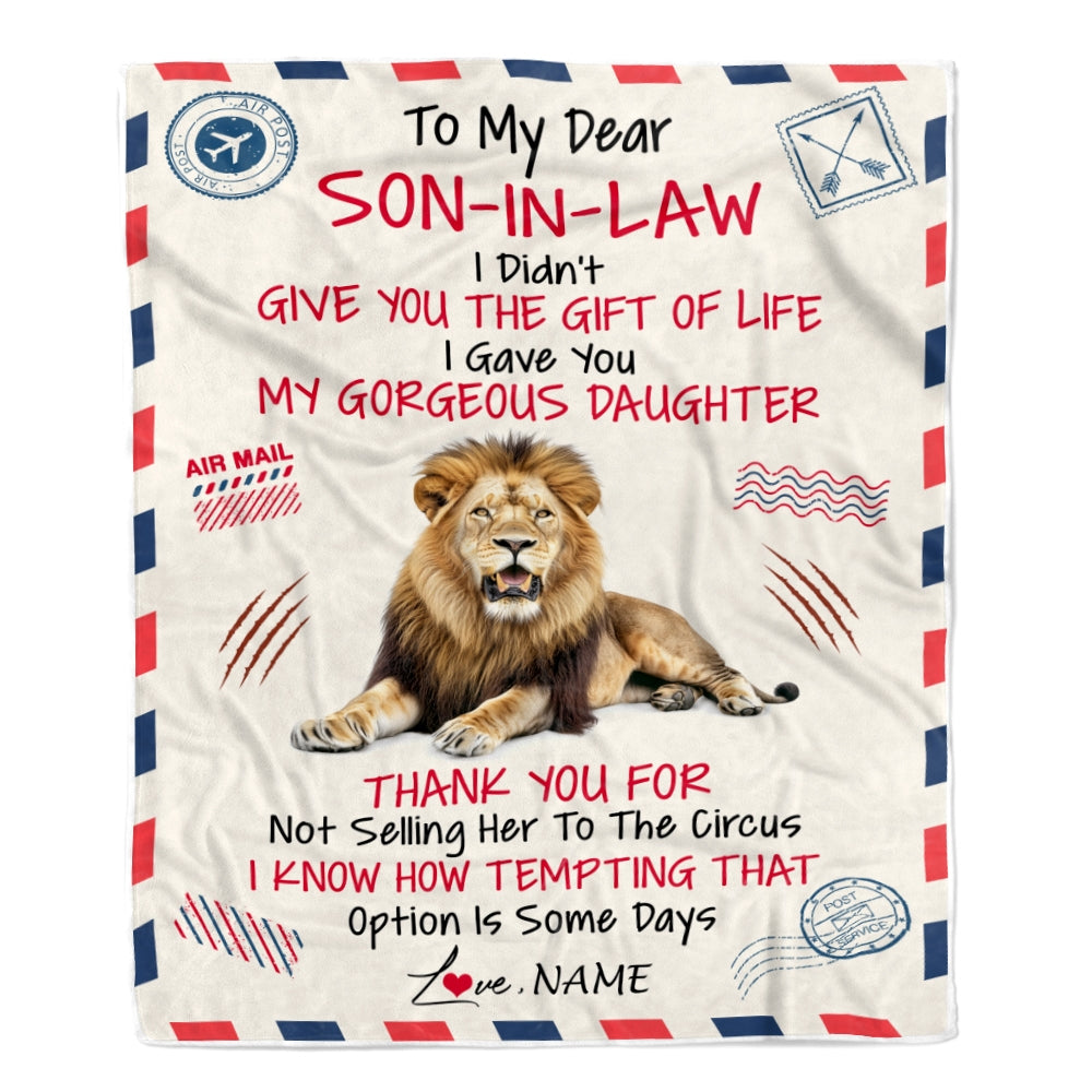 Personalized Airmail To My Son In Law Blanket From Mother In Law Lion Thank You Letter Air Mail Son In Low Birthday Christmas Customized Fleece Throw Blanket | siriusteestore