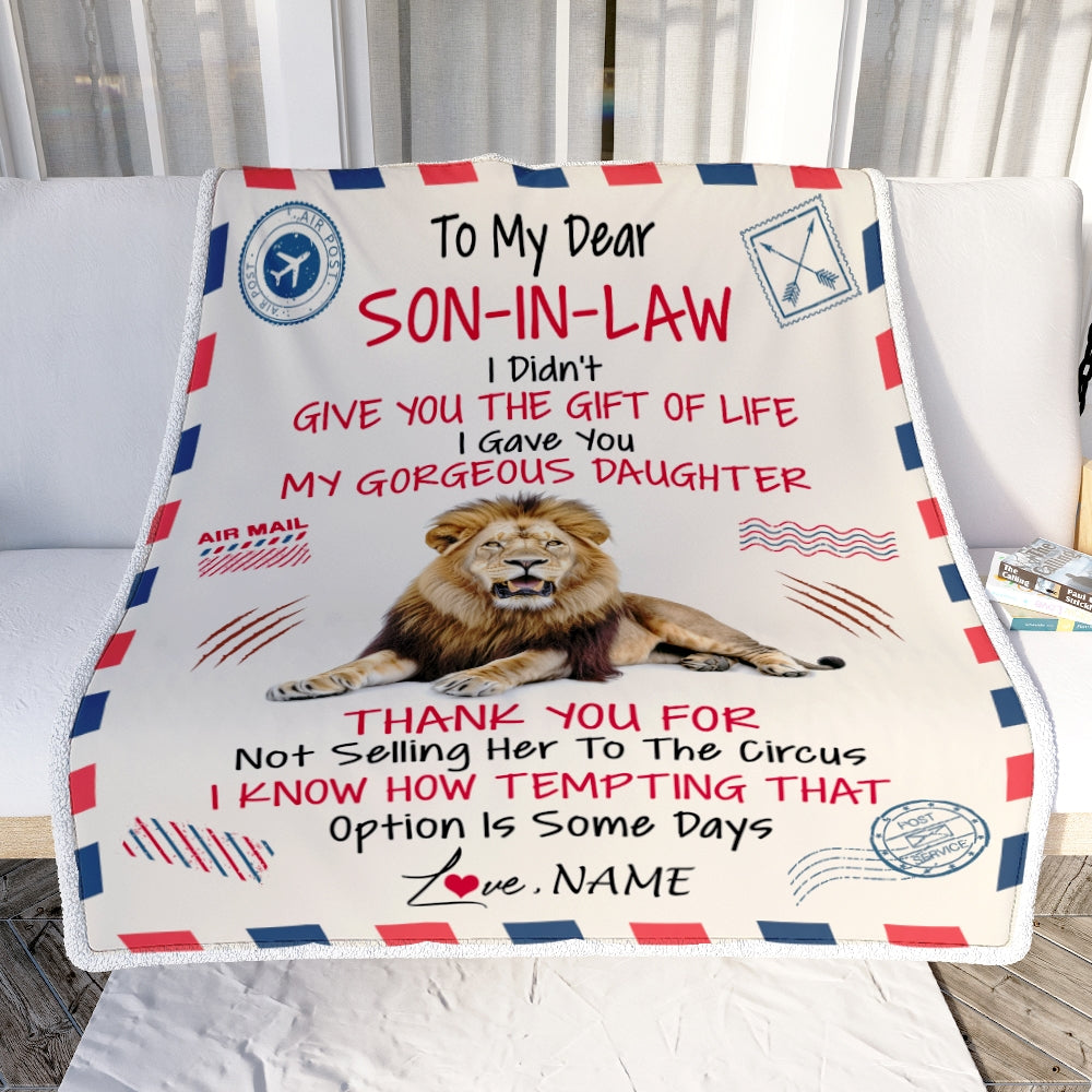 Personalized Airmail To My Son In Law Blanket From Mother In Law Lion Thank You Letter Air Mail Son In Low Birthday Christmas Customized Fleece Throw Blanket | siriusteestore