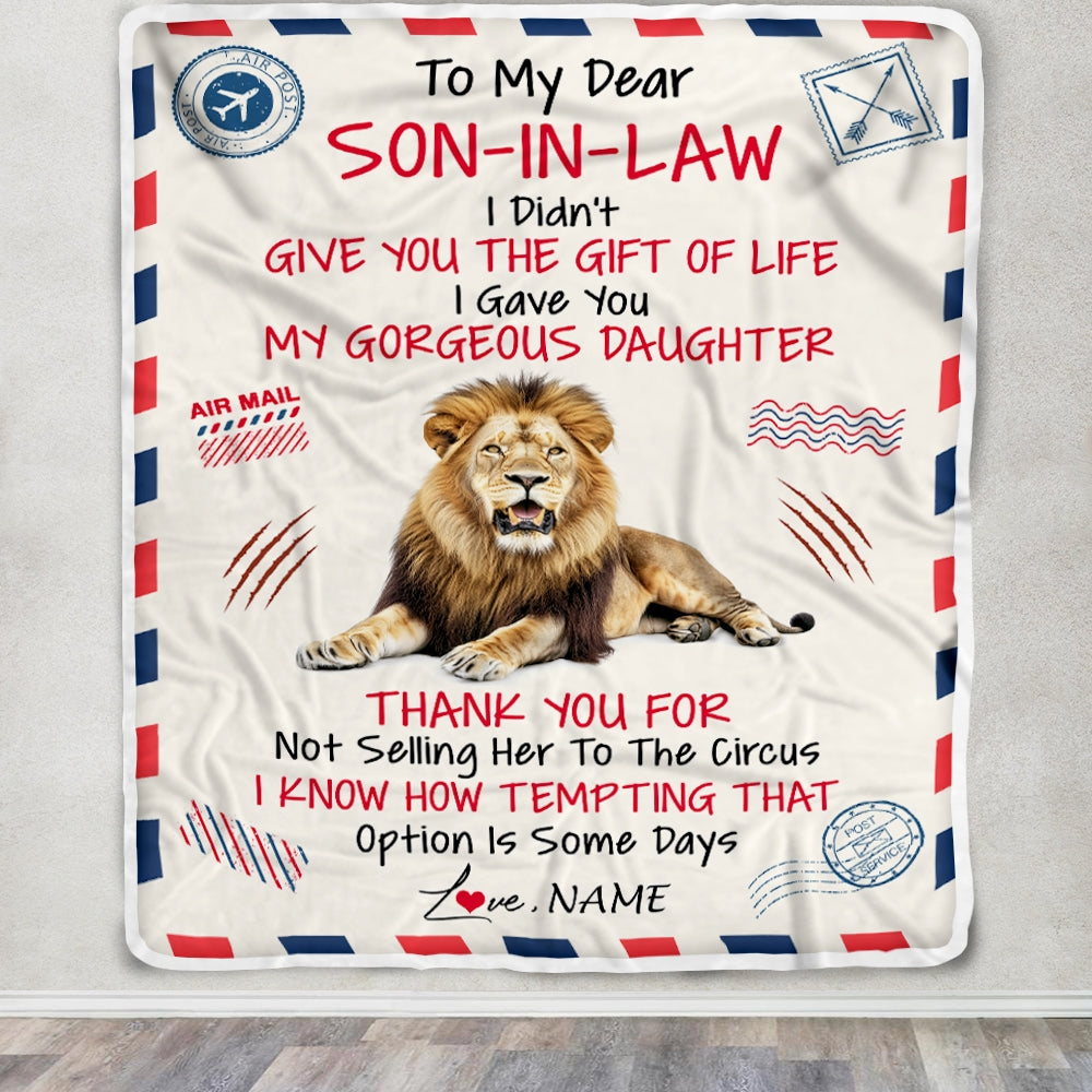 Personalized Airmail To My Son In Law Blanket From Mother In Law Lion Thank You Letter Air Mail Son In Low Birthday Christmas Customized Fleece Throw Blanket | siriusteestore