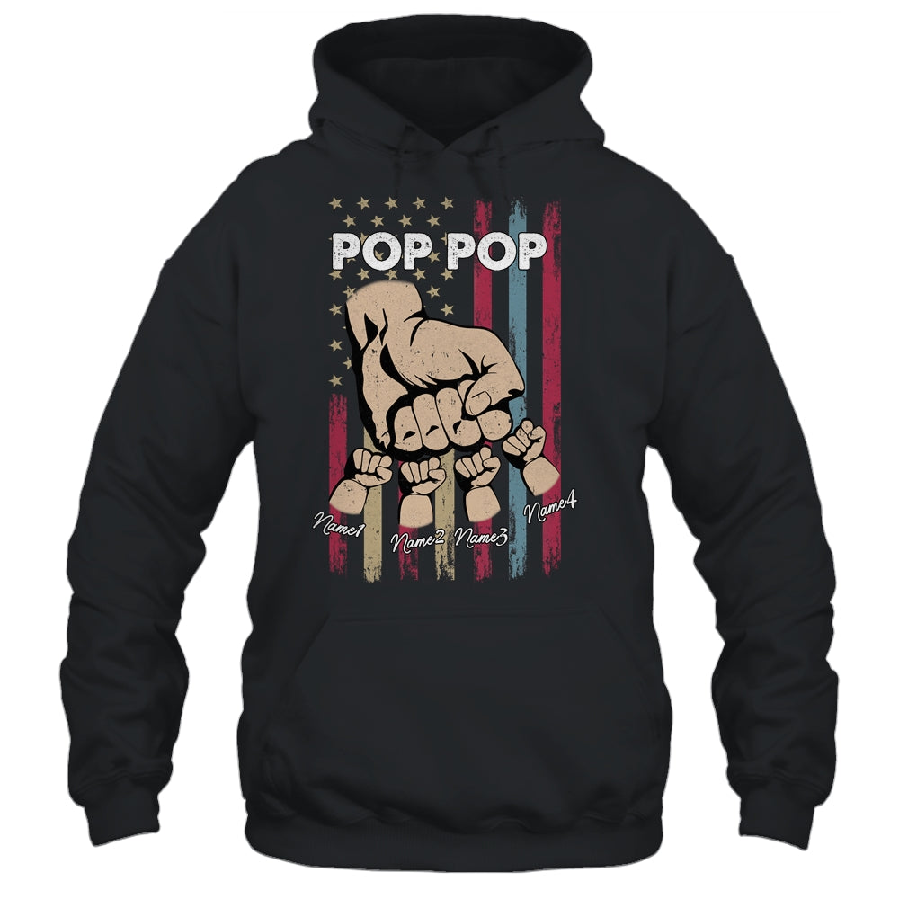Personalized Awesome Pop Pop Grandkids With Name Custom Hands Fist Bump Flag Fathers Day Birthday Christmas Shirt & Hoodie | siriusteestore
