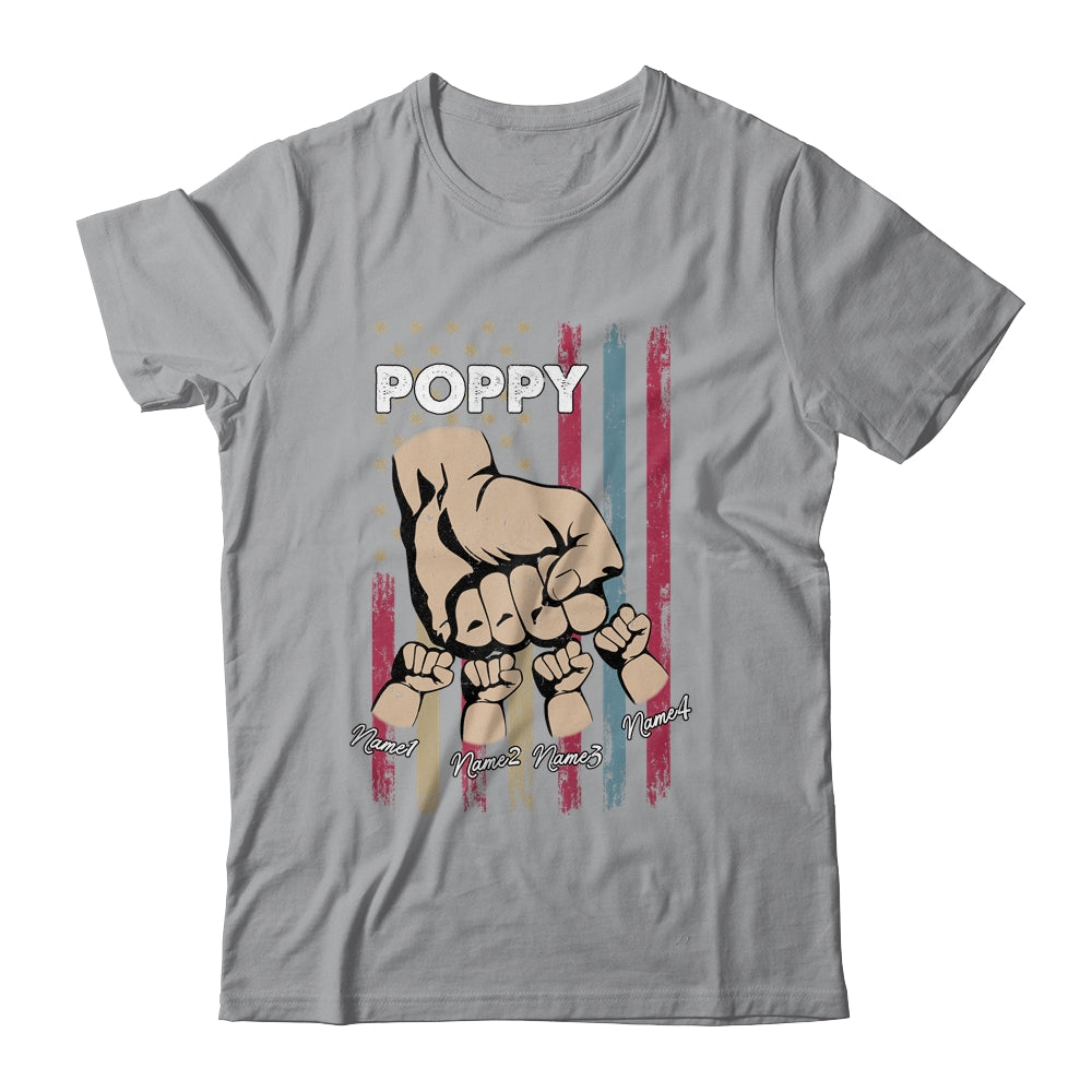 Personalized Awesome Poppy Grandkids With Name Custom Hands Fist Bump Flag Fathers Day Birthday Christmas Shirt & Hoodie | siriusteestore