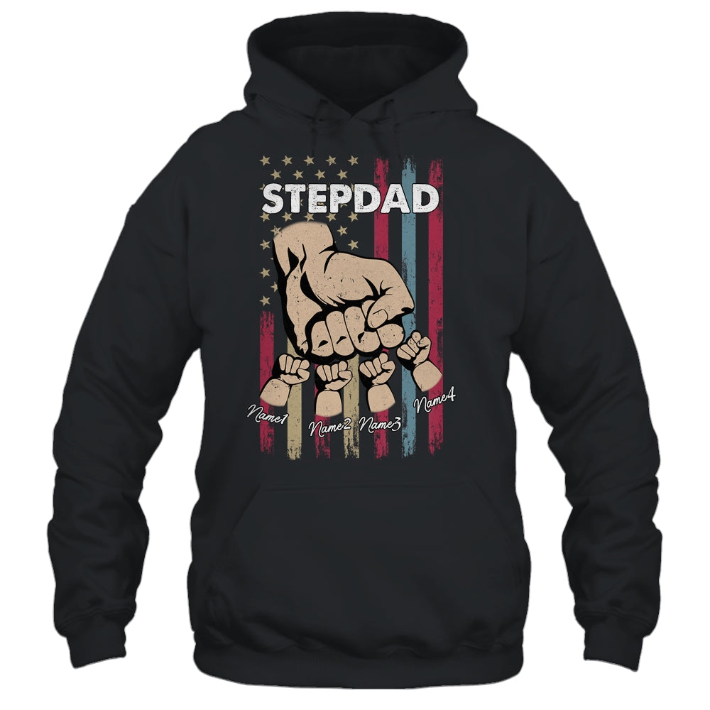 Personalized Awesome Stepdad Kids With Name Custom Hands Fist Bump Flag Fathers Day Birthday Christmas Shirt & Hoodie | siriusteestore