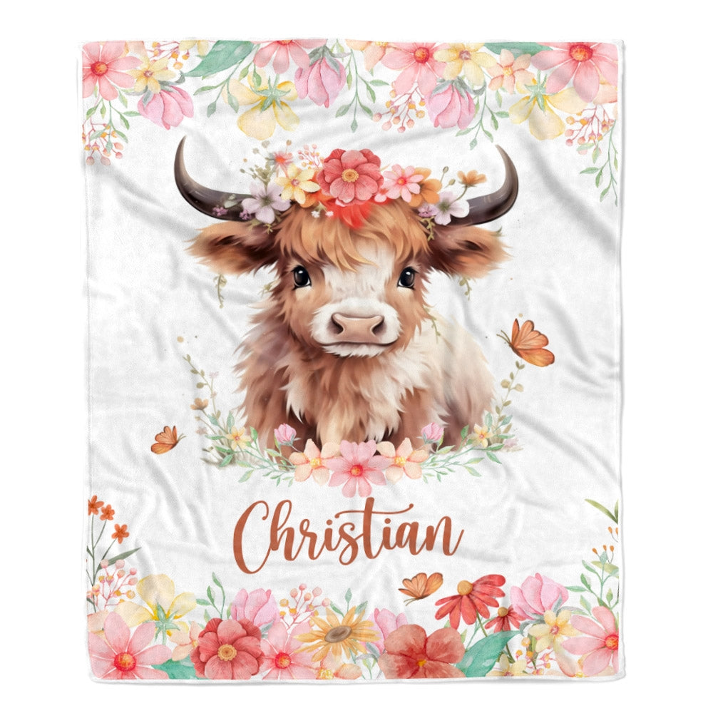 Personalized Baby Blanket Custom Name Newborn Cute Cow Girl Newborns Baby Daughter Niece Granddaughter Birthday Christmas Customized Bed Fleece Throw Blanket | siriusteestore