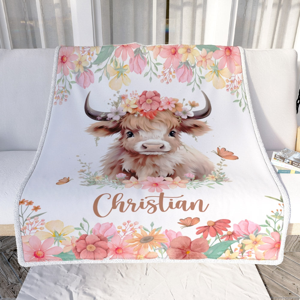 Personalized Baby Blanket Custom Name Newborn Cute Cow Girl Newborns Baby Daughter Niece Granddaughter Birthday Christmas Customized Bed Fleece Throw Blanket | siriusteestore