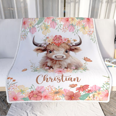 Personalized Baby Blanket Custom Name Newborn Cute Cow Girl Newborns Baby Daughter Niece Granddaughter Birthday Christmas Customized Bed Fleece Throw Blanket | siriusteestore