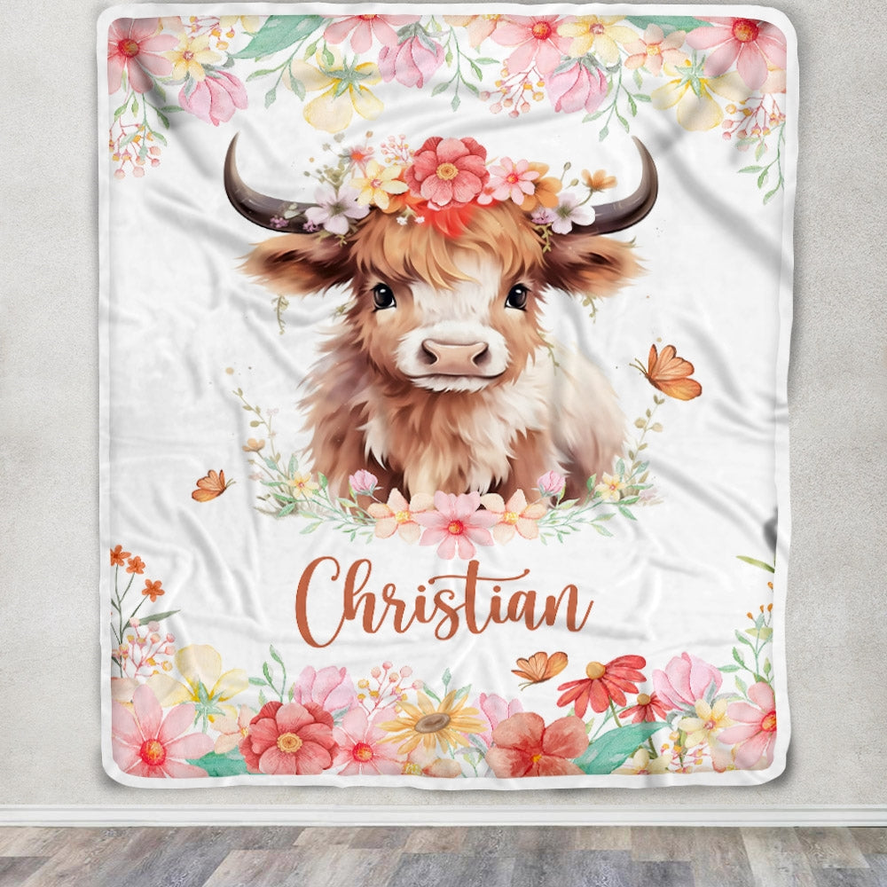 Personalized Baby Blanket Custom Name Newborn Cute Cow Girl Newborns Baby Daughter Niece Granddaughter Birthday Christmas Customized Bed Fleece Throw Blanket | siriusteestore