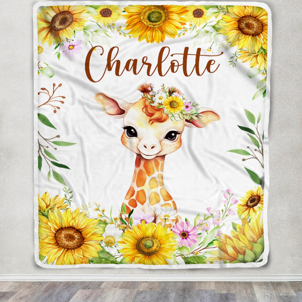 Personalized Baby Blanket Custom Name Newborn Giraffe Sunflower Girl Boy Daughter Niece Granddaughter Birthday Christmas Customized Bed Fleece Throw Blanket | siriusteestore