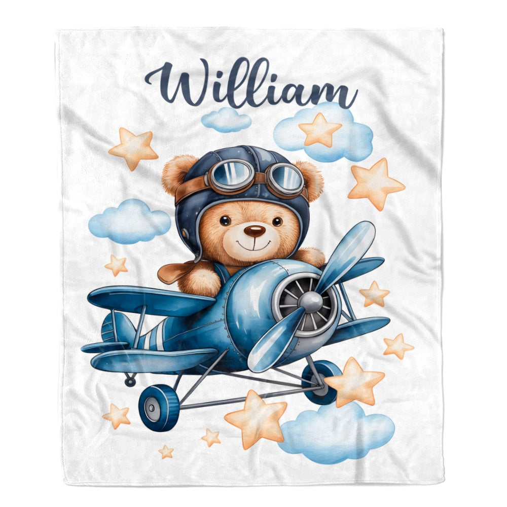 Personalized Baby Blanket Cute Pilot Bear Flying Airplane Nursery Decor Brithday Gift For Newborn Boys Girls Kids Room Adventure Bedding Custom Fleece Blanket | siriusteestore