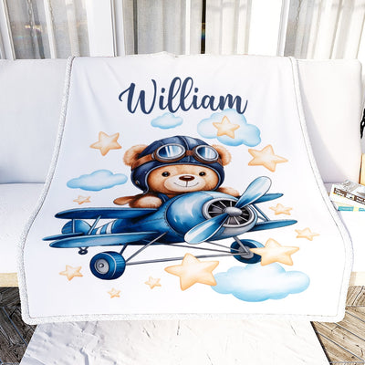 Personalized Baby Blanket Cute Pilot Bear Flying Airplane Nursery Decor Brithday Gift For Newborn Boys Girls Kids Room Adventure Bedding Custom Fleece Blanket | siriusteestore