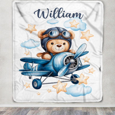 Personalized Baby Blanket Cute Pilot Bear Flying Airplane Nursery Decor Brithday Gift For Newborn Boys Girls Kids Room Adventure Bedding Custom Fleece Blanket | siriusteestore