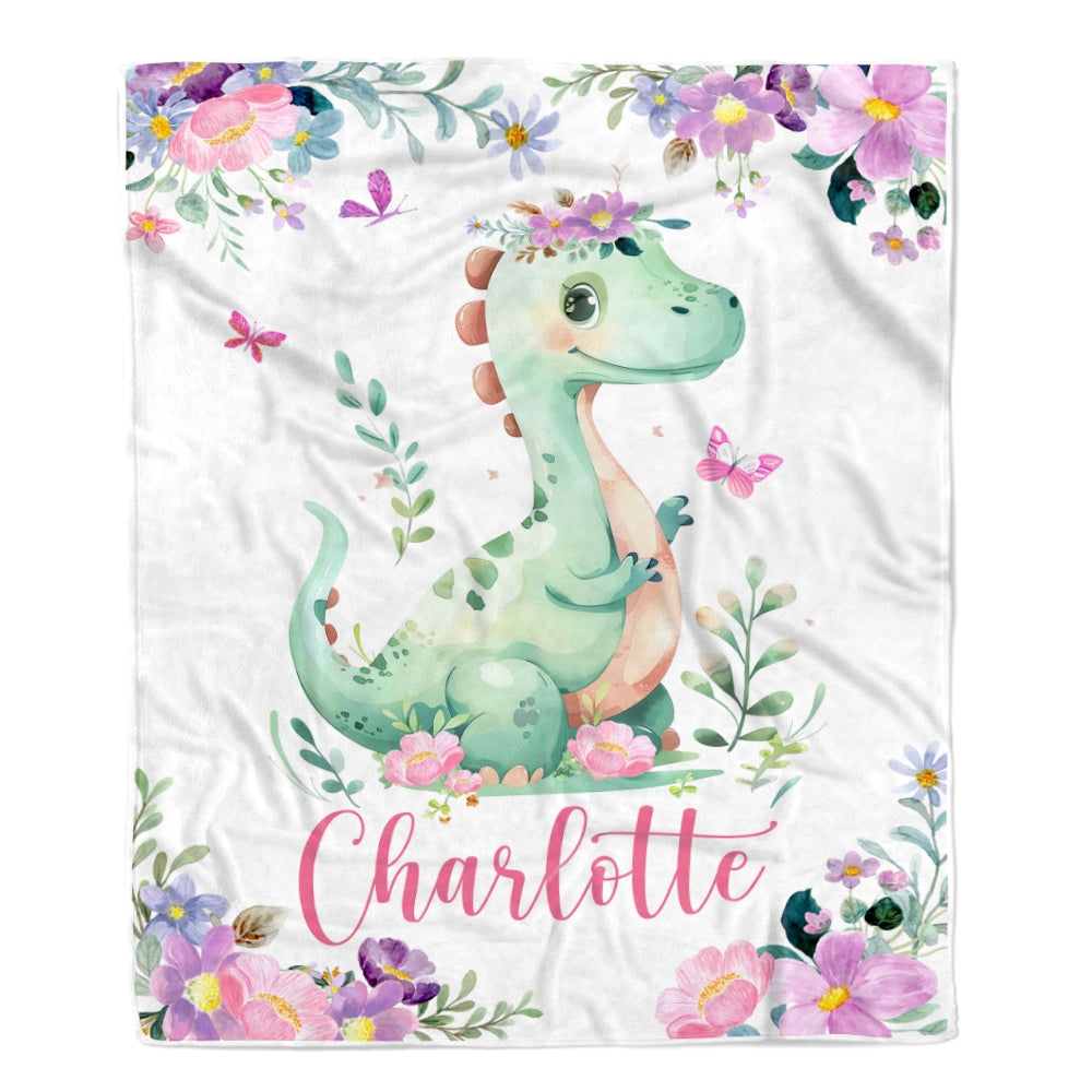 Personalized Baby Blanket Dinosaur Floral Watercolor Blanket with Name Newborns Kid Daughter Granddaughter Niece Birthday Customized Christmas Fleece Blanket | siriusteestore