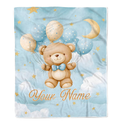 Personalized Baby Blanket For Boys Girls Cute Bear Blue Balloons Custom With Name Easter Christmas Brithday Gifts Kids Newborn Bedding Fleece Throw Blanket | siriusteestore