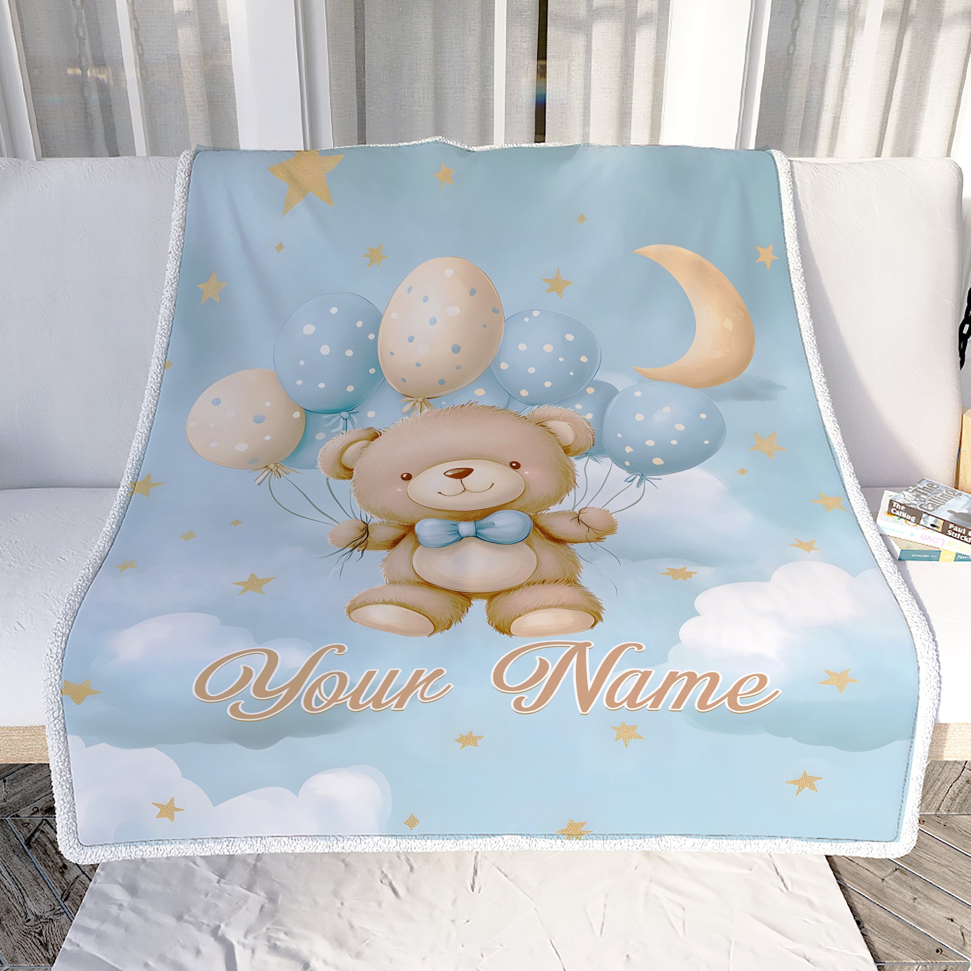 Personalized Baby Blanket For Boys Girls Cute Bear Blue Balloons Custom With Name Easter Christmas Brithday Gifts Kids Newborn Bedding Fleece Throw Blanket | siriusteestore