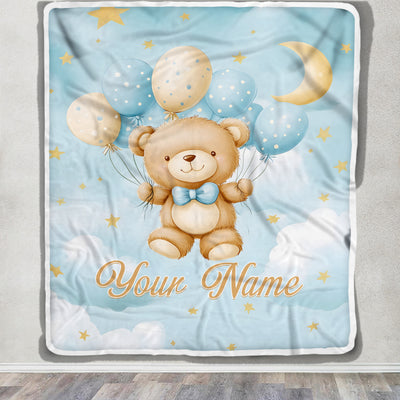 Personalized Baby Blanket For Boys Girls Cute Bear Blue Balloons Custom With Name Easter Christmas Brithday Gifts Kids Newborn Bedding Fleece Throw Blanket | siriusteestore