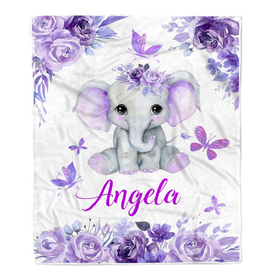 Personalized Baby Blanket Girl Custom Baby Name Purle Floral Elephant Kid Daughter Granddaughter Niece Birthday Christmas Customized Bed Fleece Throw Blanket | siriusteestore