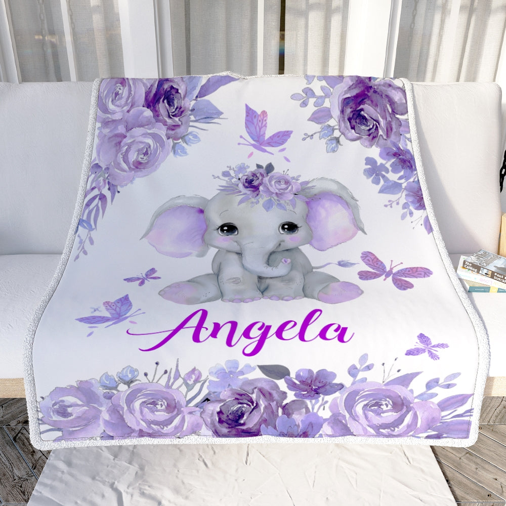 Personalized Baby Blanket Girl Custom Baby Name Purle Floral Elephant Kid Daughter Granddaughter Niece Birthday Christmas Customized Bed Fleece Throw Blanket | siriusteestore