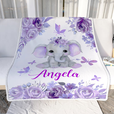 Personalized Baby Blanket Girl Custom Baby Name Purle Floral Elephant Kid Daughter Granddaughter Niece Birthday Christmas Customized Bed Fleece Throw Blanket | siriusteestore