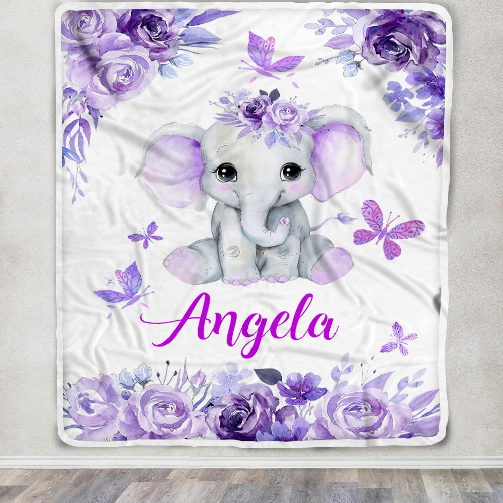 Personalized Baby Blanket Girl Custom Baby Name Purle Floral Elephant Kid Daughter Granddaughter Niece Birthday Christmas Customized Bed Fleece Throw Blanket | siriusteestore